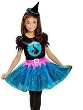 Witch Light Up Halloween Costume 4/6 Moon Fiber Optic Blue Dress & Hat Girls